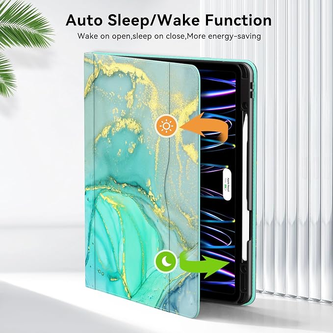 Zonefoker Case for New iPad Pro 12.9 inch 6th/5th/4th/3rd Generation 2022/2021/2020/2018, 12.9'' ipad Pro Leather Folio Protective Cover 6/5/4/3 Gen with Pencil Holder, Auto Wake/Sleep, Marble Green