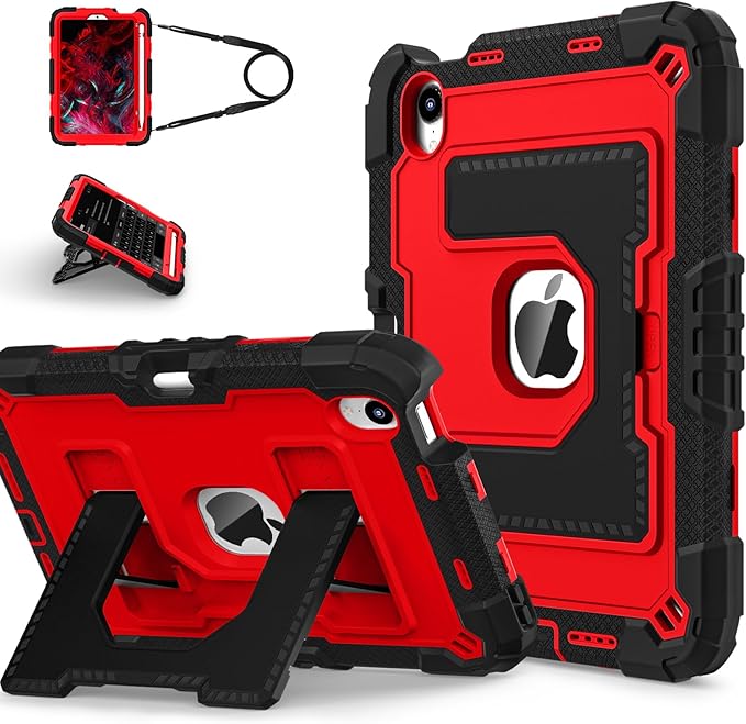 Kids Friendly Case for Apple iPad mini 7 A17 Pro 2024/iPad Mini 6 2021 8.3 Inch 7th/6th Gen Case with Pencil Holder & Shoulder Strap, Shockproof Kickstand Hard Shell Protective Cover,Black+Red