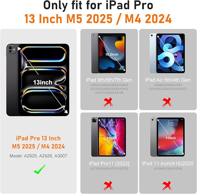 Case for iPad Pro 13 Inch M5 2025 / M4 2024, Auorld for iPad Pro 13 Inch M5 2025 with Screen Protector, 360 Degree Rotating Stand Shoulder Strap Pencil Holder, Navy Black