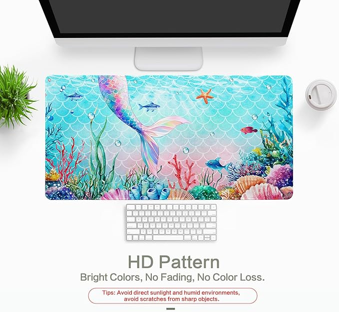 Ocean Mermaid Mouse Pad Desk Mat, Magic Mermaid Large Gaming Mouse Pad Fish Tail Anime Desk Pad Mousepad XXL Extended Keyboard Mat Mouse Mat, Waterproof, 31.5x15.7 in