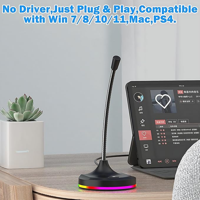 USB Computer Microphone with Mute Button and RGB Lighting,Plug&Play Mic for Conference,Gaming,YouTube,Desktop PC Mic for Mac/Window-Black-Black(M7)