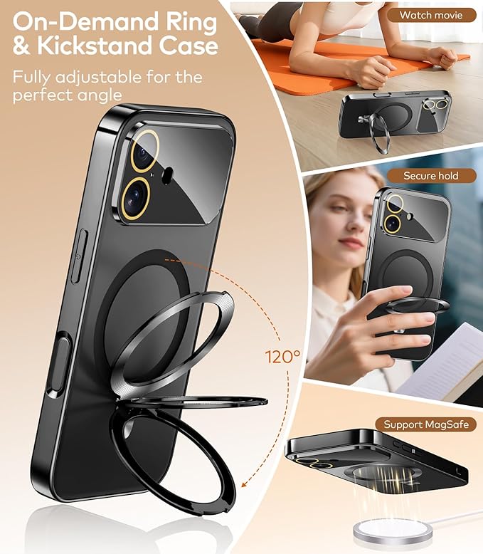 TOBOVON Magnetic for iPhone 17 Case with Ring Stand, Fits MagSafe, with Built-in Camera Lens Protector, Slim Electroplated Shockproof Phone Cover, Black