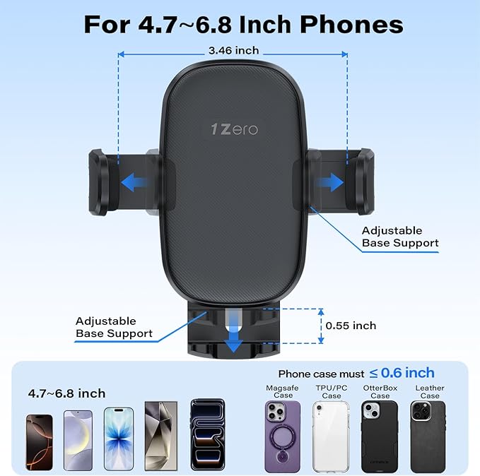 1Zero Easy One-Button Release CD Phone Holder for Car, Universal Air Vent & CD Slot Phone Mount, Thick Cases Friendly Cell Phone Holder for iPhone, Google, Samsung, Moto & Other Smartphones (Clamp)