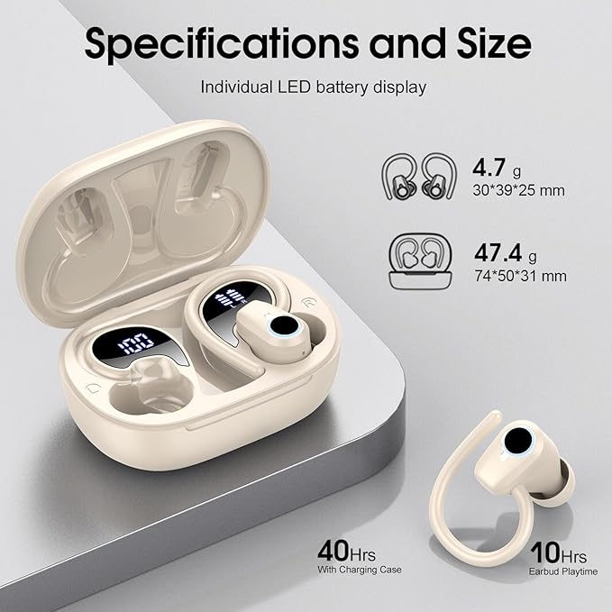 Wireless Earbuds, 2023 Bluetooth Headphones 5.3 Sport, 50H Ear buds with Earhooks, Dual LED Display, Bluetooth Earbuds, Bass Stereo Noise Cancelling Headphones, IP7 Waterproof Earphones, Off White