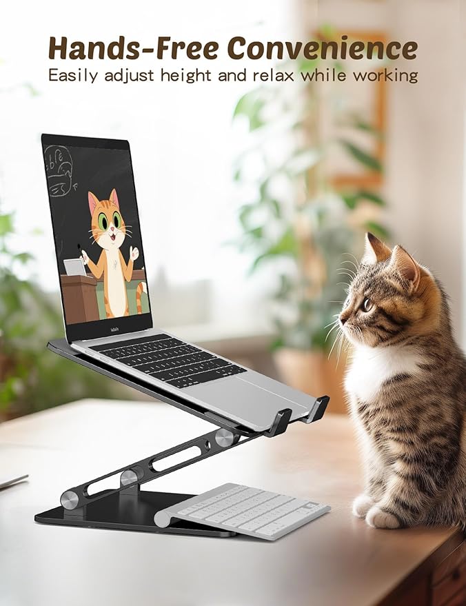 Aoviho Laptop Stand for Desk – Adjustable Aluminum Laptop Riser with Unique Cat-Shaped Cooling Vent, Portable Desk Gift & Decor, Compatible with MacBook Air Pro, Dell, HP, Lenovo (10"-17.3"), Black