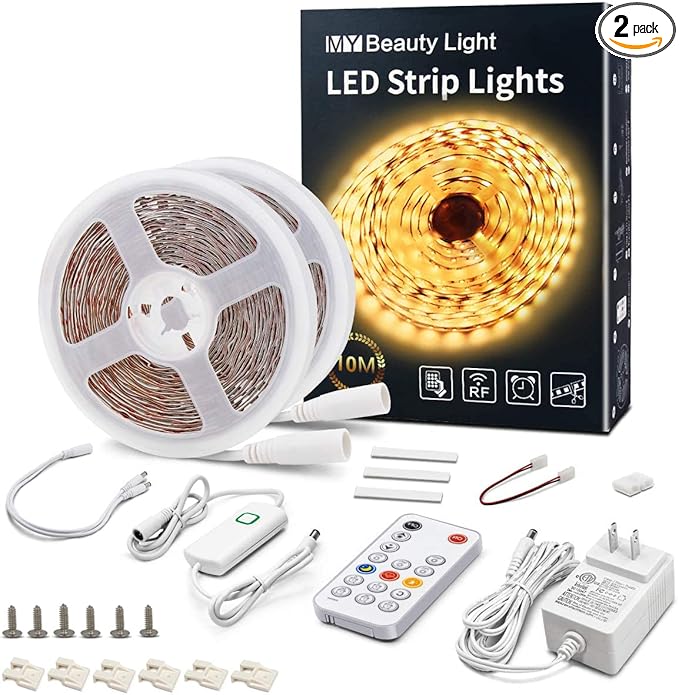 MY BEAUTY LIGHT LED Strip Lights Warm White,32.8ft Dimmable LED Light Strip with RF Remote,600 Bright 3000K 2835 LEDs,Plug-in Adhesive Rope Lights with Timing Mode for Living Room Bedroom Kitchen