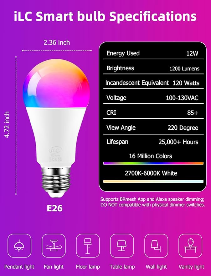 ILC Alexa Light Bulbs (120 Watt Equivalent) Smart Light Bulbs Compatible with Alexa Only, 1200 Lumens, Color Changing, Color Temperature Tunable 2700K-6000K(6 Pack)