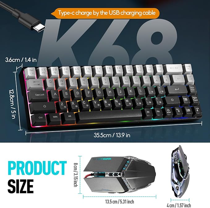 Guiheng Wired 60% Gaming Keyboard and Mouse Combo, Ultra-Compact 61 Keys RGB Backlit Mini Keyboard, Lightweight 3200 DPI Optical, Wired Gaming Set for Windows,PC, MAC PS5 Xbox Gamer(Gradient Grey)