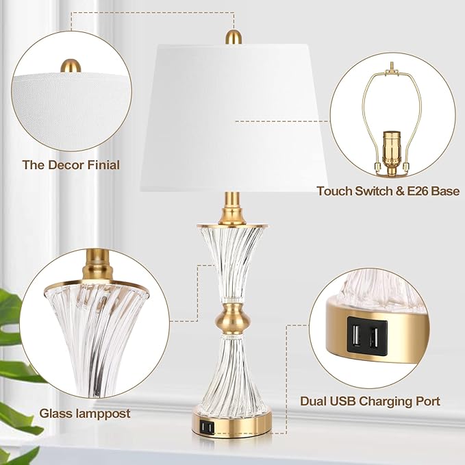 Hamucd Touch Table Lamps for Bedroom Set of 2 Modern Living Room 3 Way Dimmable Gold Glass Bedside Nightstand Lamp for End Table with 2 USB Charging Port,2 Bulbs Included
