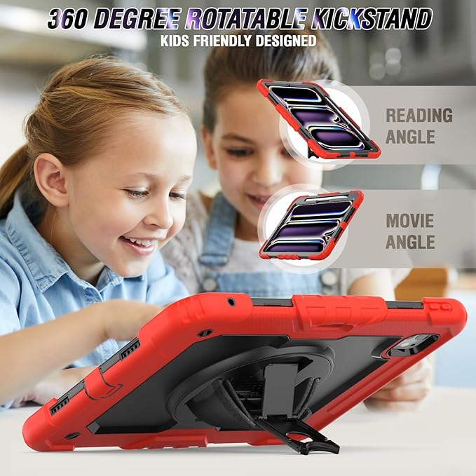 Case for iPad Pro 13 7th Generation with Screen Protector | Case Compatible with iPad 13 Inch for Kids Girls Boys | Shockproof Rugged Protective Cover W/Stand Hand Grip Shoulder Strap | Red