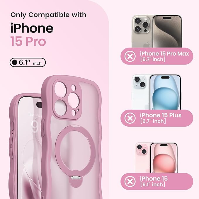 CAPRARO for iPhone 15 Pro Case with 360° Spin Magnetic Stand for Women, [Compatible with MagSafe] [Full Camera Protection] Cute Wave Translucent Matte Case for iPhone 15 Pro, Black Currant