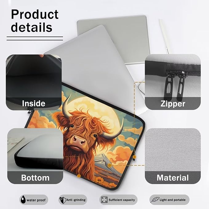 Highland Cattle Computer Sleeve for Women Men Laptop Sleeve 17 inch Neoprene Laptop Covers with Padded Compartment Lap Top Case Sunflower Computer Carrying Bag Brown