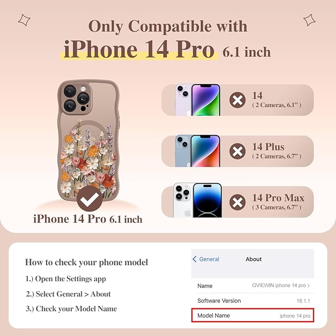 GVIEWIN for iPhone 14 Pro Case Compatible with MagSafe [Curly Wave Edge][Full Camera Protection] Floral Translucent Shockproof Magnetic Women Phone Case for 14 Pro, Primrose/Brown