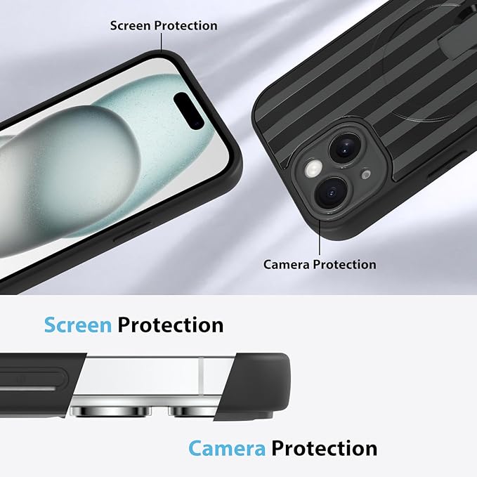 KANGHAR Compatible with iPhone 15 Case, Support for MagSafe, Silicone Stripes Cute Pattern, Wristband Kickstand Camera Protection Soft Slim Cover for Girls Women -Black