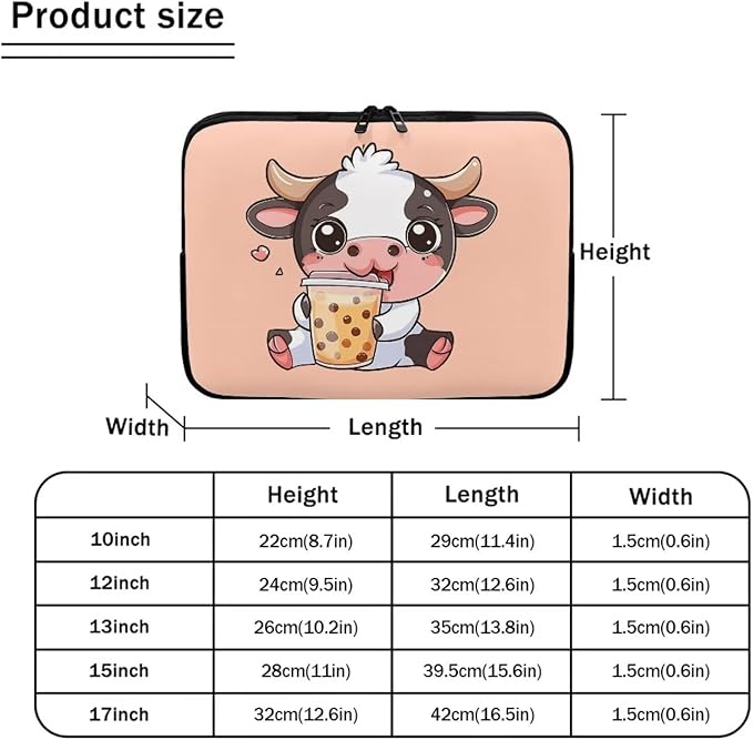 Cute Cow Laptop Protective Sleeve for Women 15 Inch Computer Sleeve Bag Zippered Pouches with Humanize Design Lap Top Case Suitable for Travel School Office Neatly Organizers