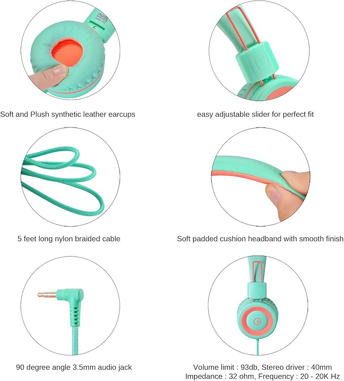 noot products Kids Headphones K11 Foldable Stereo Tangle-Free 5ft Long Cord 3.5mm Jack Plug in Wired On-Ear Headset for iPad/Amazon Kindle,Fire/Boys/Girls/School/Tablet/Laptop(Mint/Coral)