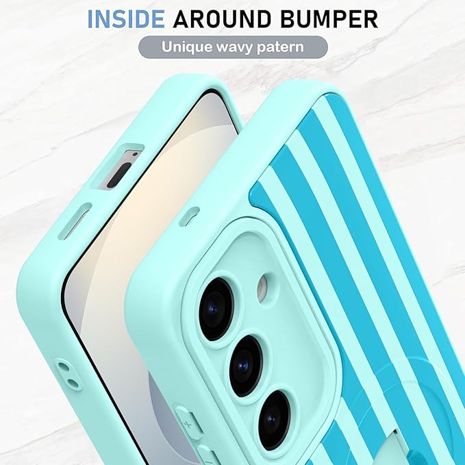 KANGHAR Compatible with Samsung Galaxy S25 Case, Support for MagSafe, Silicone Stripes Cute Pattern, Wristband Kickstand Camera Protection Soft Slim Cover for Girls Women -Blue