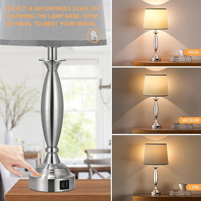 Seealle Touch Bedside Lamps for Nightstand Set of 2 - Bedroom Lamps with USB C+A, 3 Way Dimmable Nightstand Lamps, Brushed Nickel Table Lamps for Living Room (Bulbs Included)