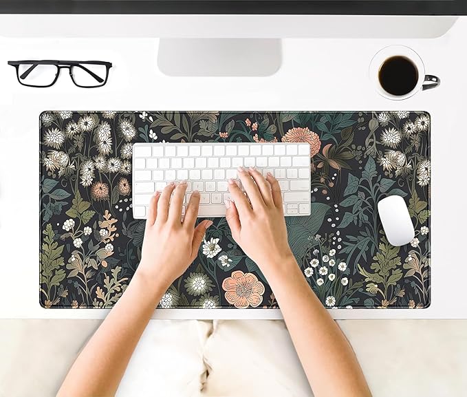 Dark Flower Desk Mat Floral Plants Mouse Pad Boho Aesthetic Wildflowers Large Gaming Mousepad Desk Pad, XXL Keyboard Mouse Mat Full Desktop Mat Women Office Desk Accessories 31.5"x15.7"