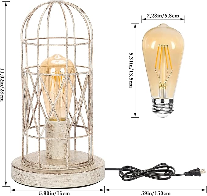 Small Table Lamp, Touch Control Table Lamp with Brushed White Oak Cage, Farmhouse Bedside Lamp 3-way Dimmable Nightstand Lamp Edison Lamp for Bedroom, Living Room, Hallway, Kitchen, LED Bulb Included