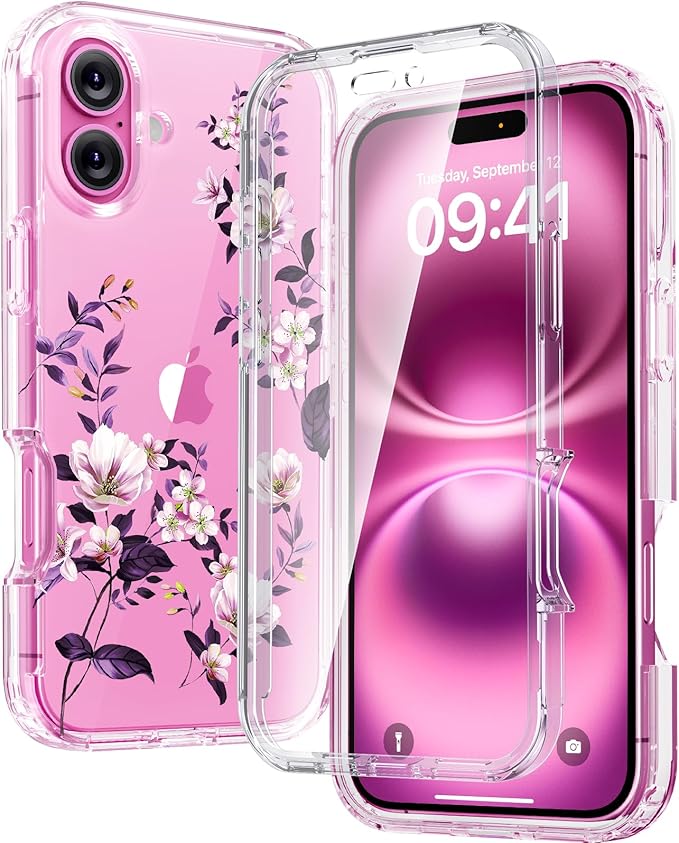 Diaclara Designed for iPhone 16 Plus Case, Full Body Rugged Case with Built-in Touch Sensitive Anti-Scratch Screen Protector, Upgraded [Full Camera Protection] for iPhone 16 Plus 6.7",Clear Flower
