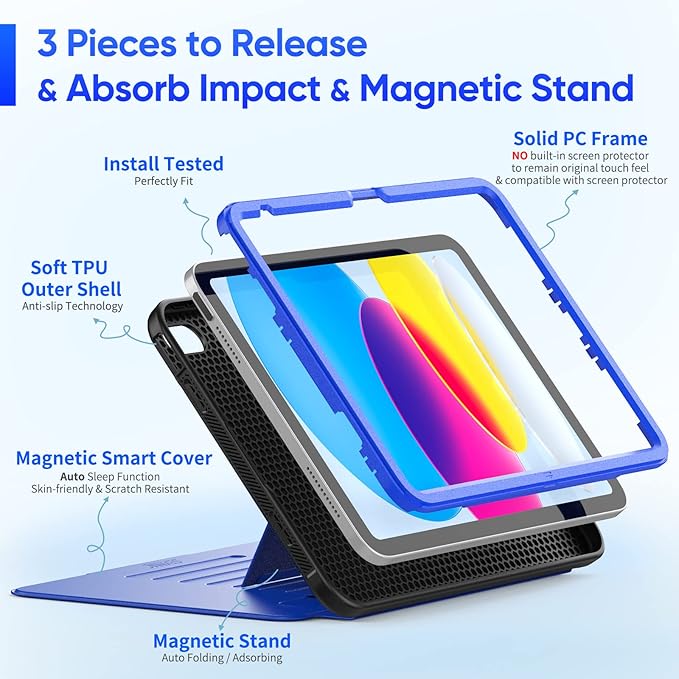 SEYMAC stock Case for iPad (A16) 11th/10th Generation 11''/10.9'', Strong Magnetic Auto Sleep Shockproof Case with Absorbing Multi-Angles Stand, Pen Holder, Card Slot (Blue)