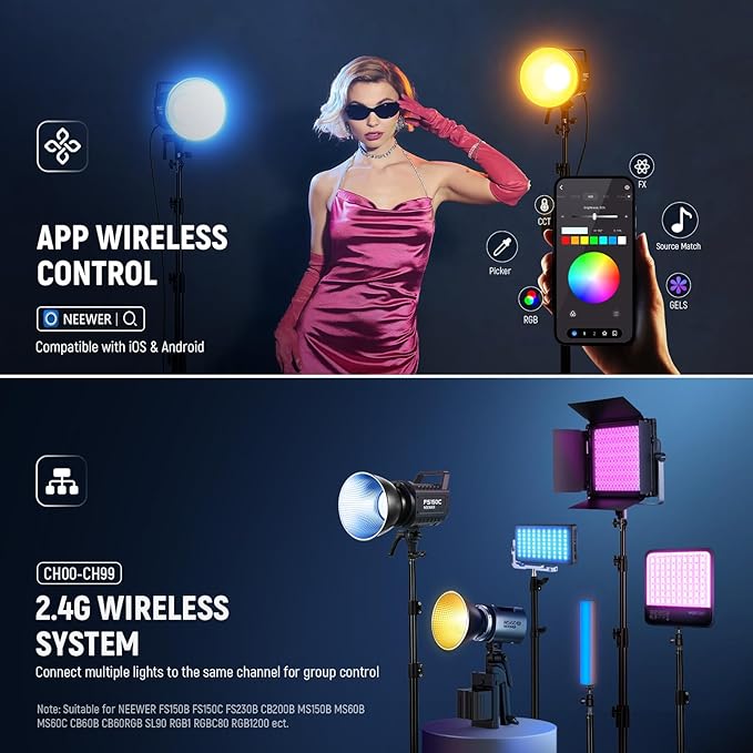 NEEWER 130W RGB LED Video Light APP/2.4G Control 17 Effects, 2500-7500K 19800lux/1m COB Continuous Lighting Output with CRI97/TLCI98 4 Dimming Curves, Bowens Mount Spotlight for Studio Shoots, FS150C