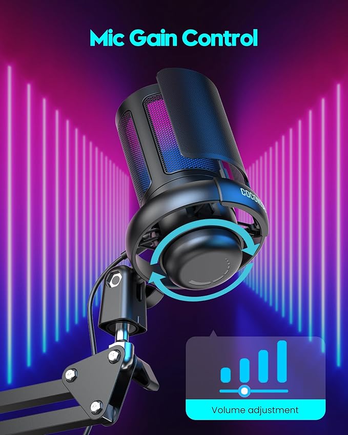 COCONISE Gaming Microphone, USB PC Mic for Podcasts Videos, Streaming, Condenser Mic with Quick Mute, Tripod Stand, Pop Filter, RGB Indicator, Shock Mount, Rotate gain button, Compatible with PS4/5/PC