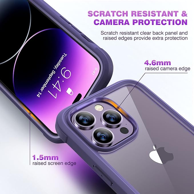 Diaclara Designed for iPhone 14 Pro Case 6.1’’, Full Body Rugged Protective Case+ Camera Lens Protector w/Built-in Touch Sensitive Anti-Scratch Screen Protector, Bumper (Royal Purple)