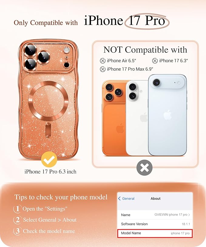 GVIEWIN for iPhone 17 Pro Case Compatible with MagSafe, Upgraded [Full Camera Protection][Cute Wave Frame][Military Grade Protection] Electroplated Hard Phone Cover for Women Girl, Glitter/Orange