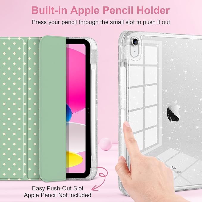 DONGKE for iPad Pro 11 inch Case – Fits M5 2025 / M4 2024, Shockproof Sparkling Glitter Acrylic Back, Pencil Holder, Trifold Stand, Auto Sleep/Wake & Touch ID Support - Green Polka Dot