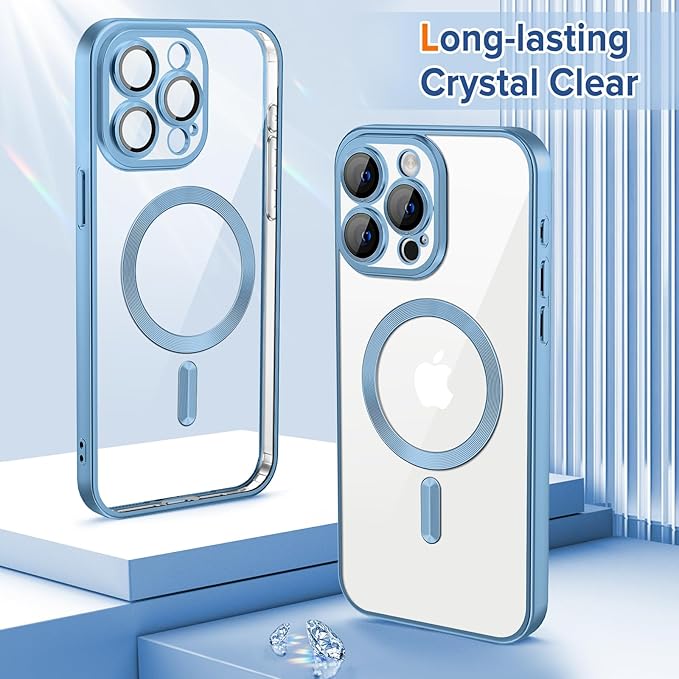 Hython Magnetic Clear for iPhone 15 Pro Max Case with Camera Lens Protector [Compatible with MagSafe] Plating Edge Slim Soft TPU Cover Protective Phone Case for iPhone 15 Pro Max, Matte Light Blue