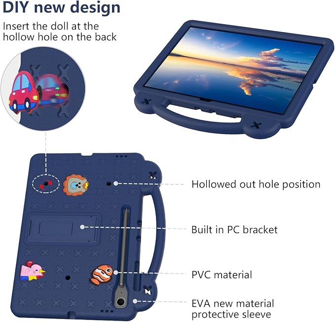 AKABEILA Compatible with Samsung Galaxy Tab A11 2025 Tablet Case, Kids Friendly Universal Lightweight Shockproof Protective Case with Shoulder Strap & Stand Handle Navy Blue