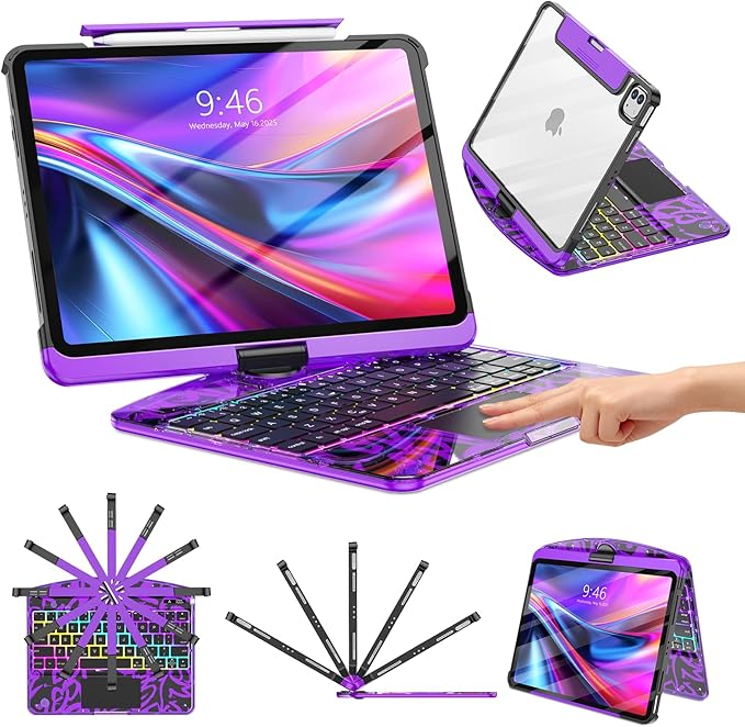 TSQQST Clear Wireless Keyboard Case for iPad Pro 13 Inch M5/M4 2025/2024 with Pencil Holder & Multi-Touch Trackpad, Visible PCB High-Tech Style, 3-Brightness & 7-Color Backlight, 360 Rotatable, Purple