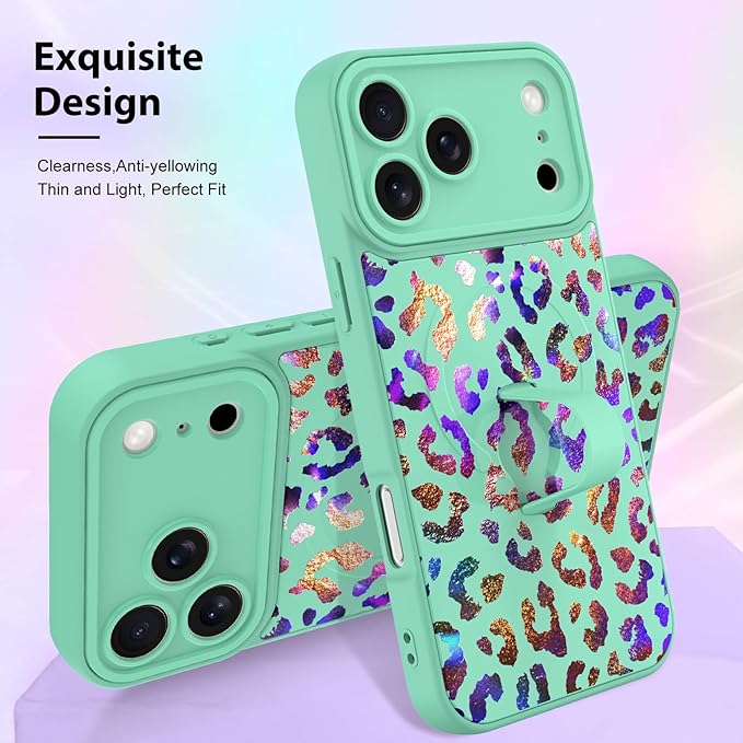 KANGHAR Compatible with iPhone 17 Pro Max Case, Support for MagSafe, Silicone Cute Iridescent Leopard Cheetah Pattern, Wristband Kickstand Shockproof Protective Slim Cover for Women Girls, Green