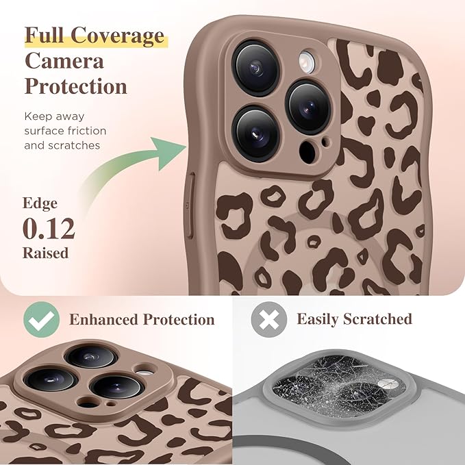 GVIEWIN for iPhone 16 Pro Max Case Compatible with MagSafe [Curly Wave Edge][Full Camera Protection] Floral Translucent Shockproof Magnetic Women Phone Case for 16 Pro Max, Leopard/Brown