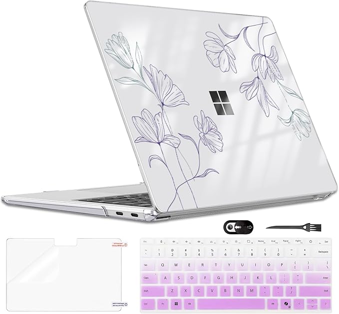 Slim Protective Case for 13 inch Microsoft Surface Laptop 2025 Copilot+PC Model 2095, Lightweight Anti-Scratch Printed Pattern Plastic Hard Shell Case Cover, Purple Line Flower