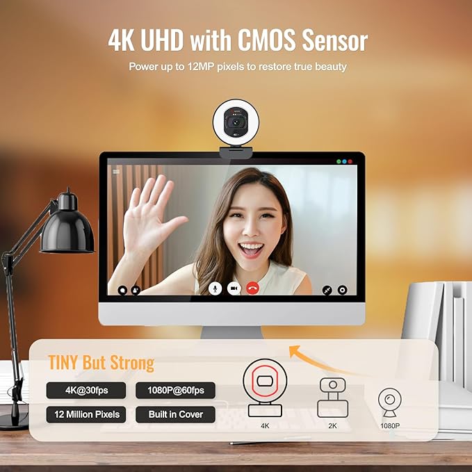 Angetube 4K Webcam with Light for PC, UHD 4K, TOF Auto Focus, Dual AI Noise-Cancelling Mics, 1080p@60FPS, USB Streaming Webcam w/Privacy Cover for Laptop/Mac/Desktop/PC Work w/Zoom/Teams/Google Meet