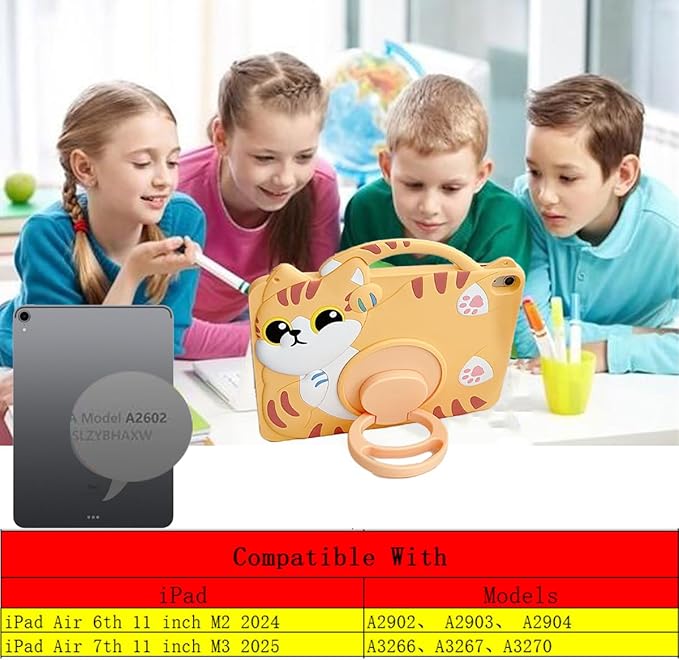 3D Cute Vivid Cat Case for iPad Air 6th/7th 11 inch 2024/2025 M2/M3(6th/7th Generation),Kawaii Cartoon Character Pretty Cat Soft Silicone Rotating Stand Case with Lanyard for Kids Teens Girls Women