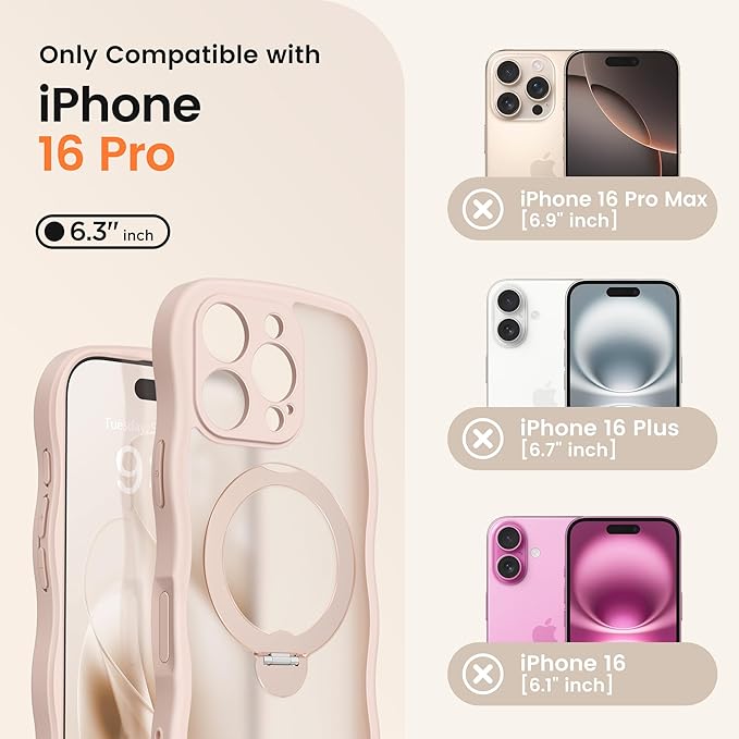 CAPRARO for iPhone 16 Pro Case with 360° Spin Magnetic Stand for Women, [Compatible with MagSafe] [Full Camera Protection] Cute Wave Translucent Matte Case for iPhone 16 Pro, Rose Gold