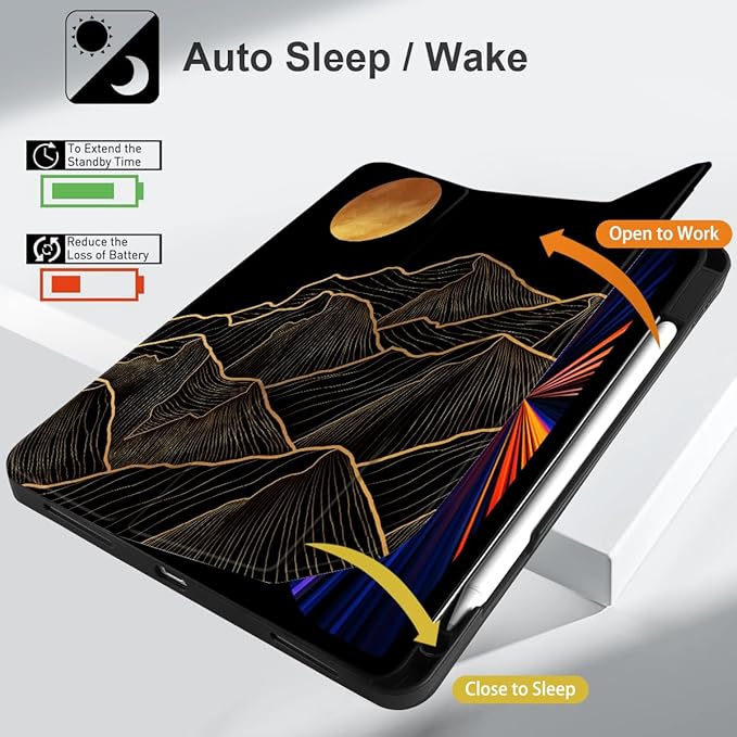 DONGKE Case for iPad Pro 12.9 inch 6th Generation 2022, Built-in Pencil Holder + Trifold Stand + Auto Wake/Sleep + Protective Cover for iPad Pro 12.9 5th/4th/3rd Gen - Golden Mountain