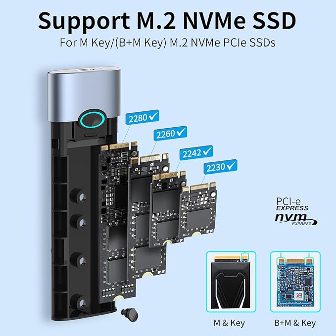GODO M.2 NVMe Hard Drive Enclosure Adapter Type C USB 3.2 Gen 2 (10 Gbps) to NVME PCI-E M-Key/(B+M) Key Support UASP Trim for SSDs 2280/2260/2242/2230 Tool Free Aluminum