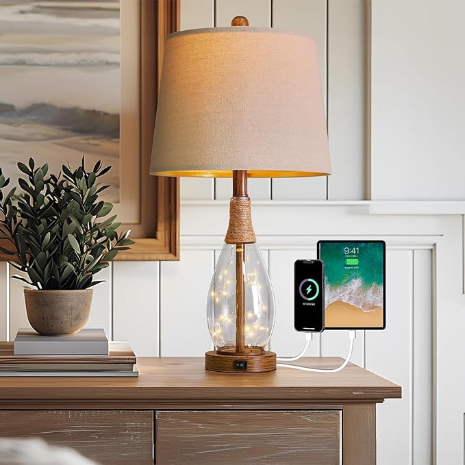 OYEARS 23" USB A+C Table Lamps for Bedroom Living Room Modern Bedside Lamps Retro Farmhouse Rattan Glass Nightstand Nightlight Lamps,Two Light Points