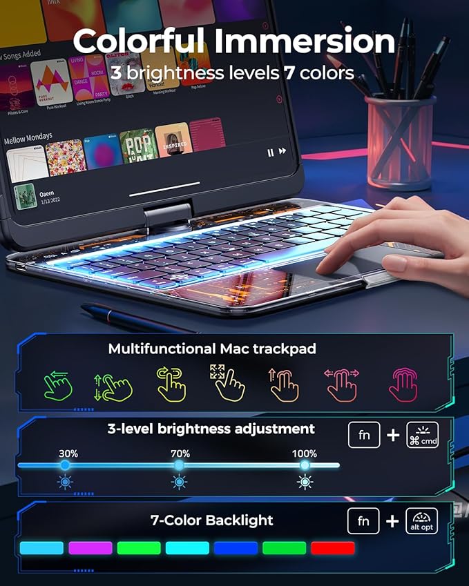 TSQQST Clear Wireless Keyboard Case for iPad Pro 13 Inch M5/M4 2025/2024 with Pencil Holder & Multi-Touch Trackpad, Visible PCB High-Tech Style, 3-Brightness & 7-Color Backlight, 360 Rotatable, Black