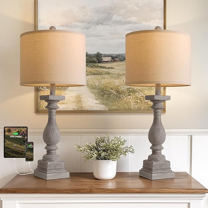 BOBOMOMO 27" Farmhouse Table Lamps with USB-A +C Ports, Vintage Rustic Lamps for Living Room, Linen Shade, Retro Side Table Lamps Set of 2 for Living Room,Bedroom,Night Stands (Blubs not Included)