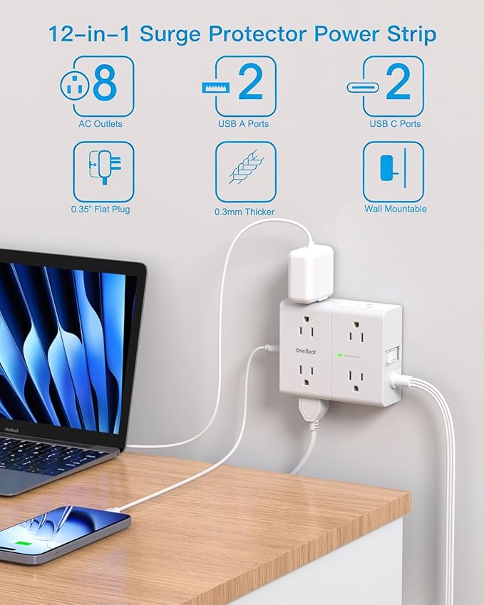 Extension Cord 15 Ft, Flat Plug Surge Protector Power Strip 15ft Long Cord with 8 Outlets and 4 USB Ports(2 USB C), 15 Feet Extension Cord with Multiple Outlets for Home Office, College Dorm Room