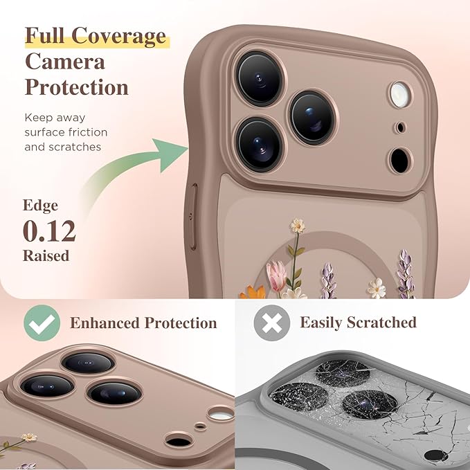 GVIEWIN for iPhone 17 Pro Case Compatible with MagSafe [Curly Wave Edge][Full Camera Protection] Floral Translucent Shockproof Magnetic Women Phone Case for iPhone 17 Pro 6.3'', Primrose/Brown