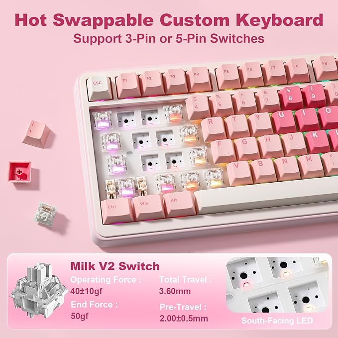YUNZII B75 PRO MAX QMK/VIA Wireless Mechanical Keyboard,75% Layout with Screen and Knob,Custom Hot Swap Gasket,Creamy Pre-lubed Switches,Bluetooth/Type-C/2.4G for Win/Mac (Pink Heart,Milk V2 Switch)