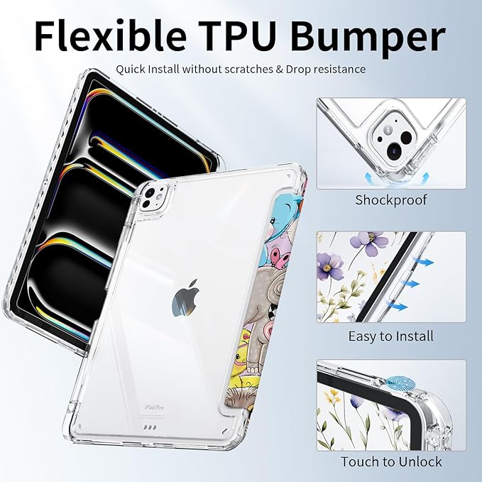 Cute Case for iPad Pro 11 Inch M4/M5 Chip 2024/2025 (A3357 A3358 A3359 A2836 A2837 A3006) with Pencil Holder, Shockproof Clear Back Cover Protector, Trifold Stand, Cute Animals