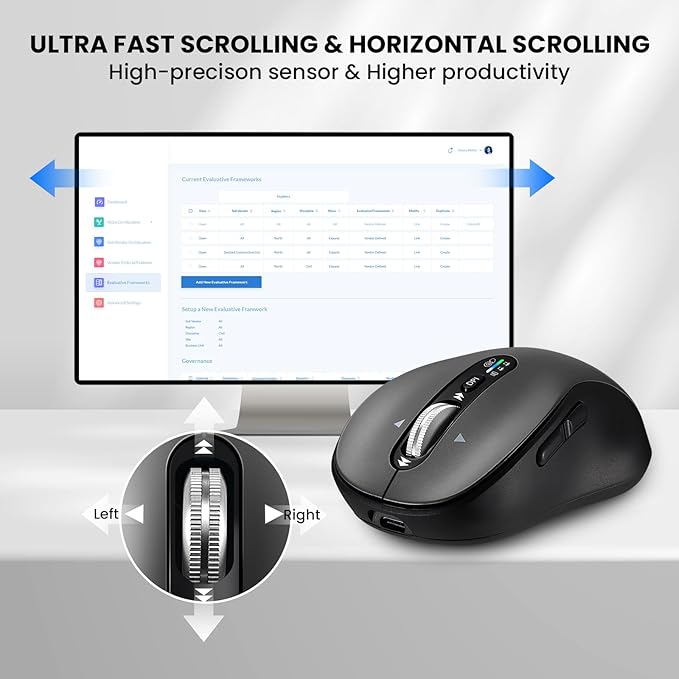 Wireless Bluetooth Mouse,Multi Device Ergo Computer Mouses,Metal 4-Way Super Scrolling,± 3200 DPI,10 Buttons,Plug&Play,Quiet,Rechargeable,USB Cordless Mice for Laptop,Tablet,Mac,iPad,PC,Phone (Grey)